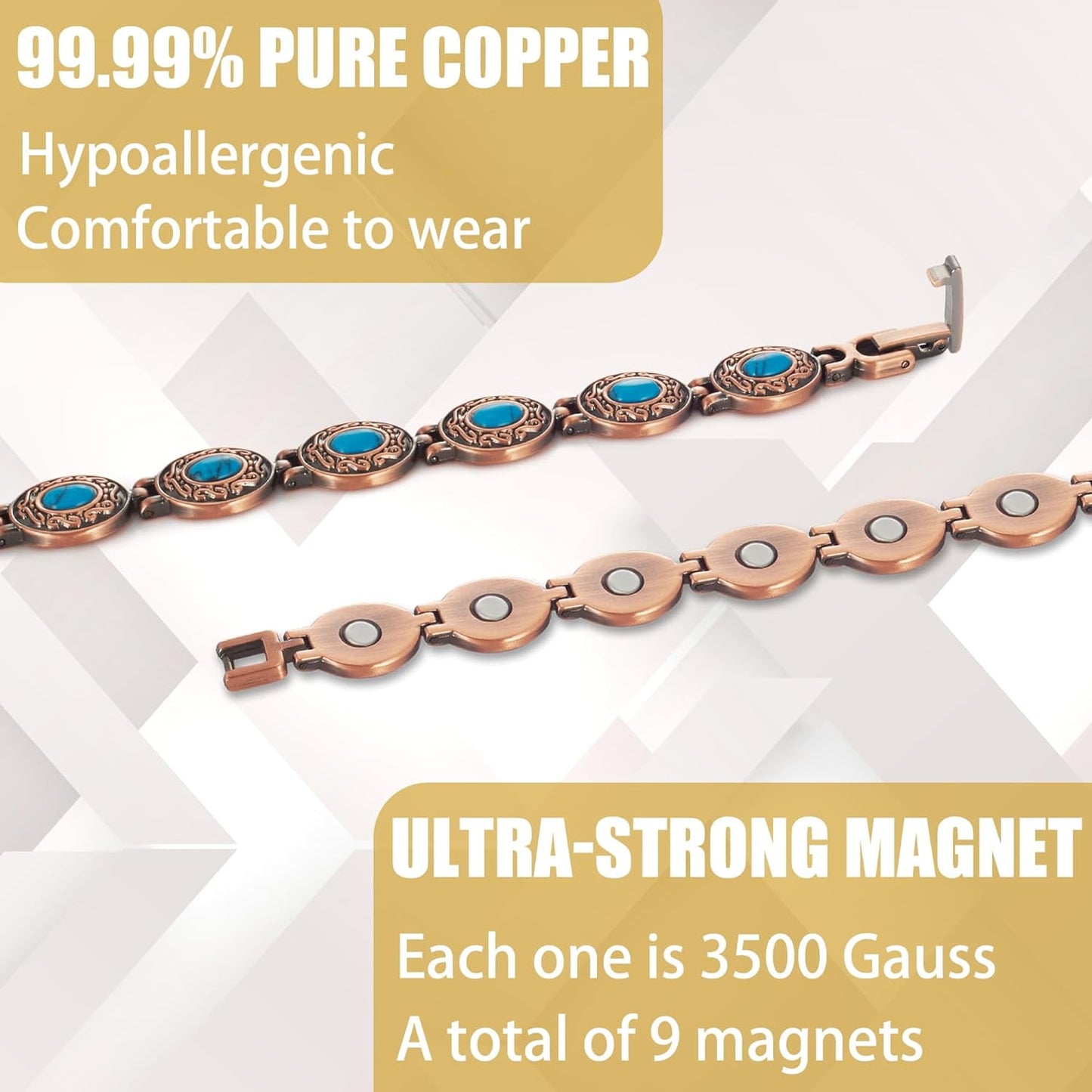 Wollet Magnetic Pure Copper Bracelet for Women, Blue Turquoise Stone