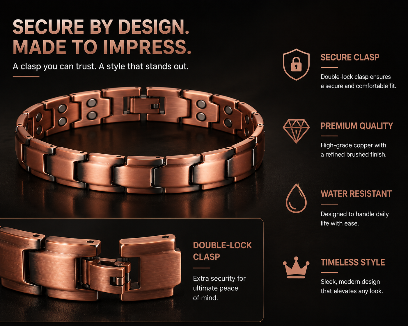 Wollet Men’s 99.95% Pure Copper Magnetic Bracelet