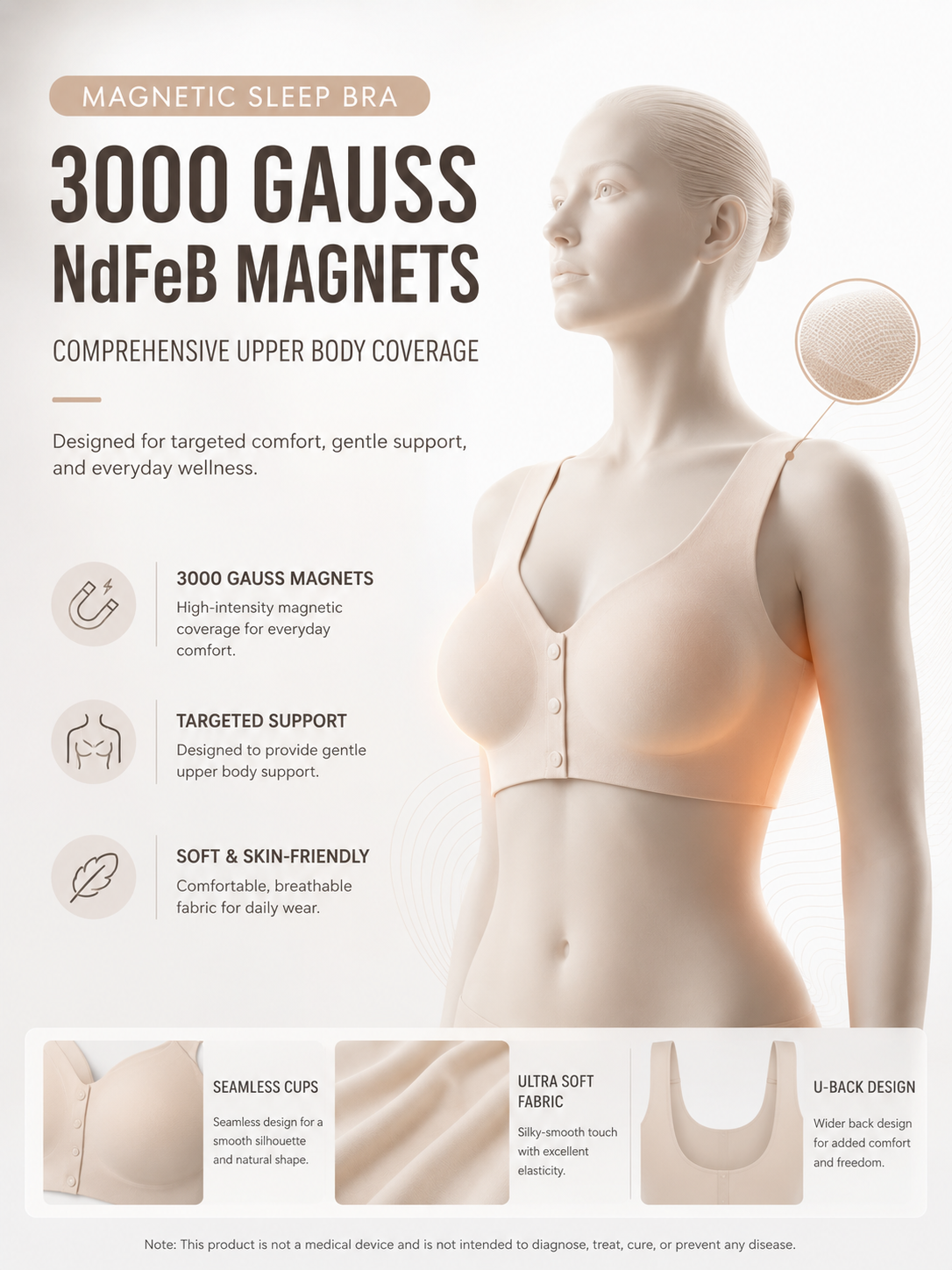 WOLLET Magnetic Sleep Bra for Women, 3000 Gauss NdFeB Magnets, Wireless Seamless Comfort Bra with Front Closure, Wide Straps and Gentle Everyday Support