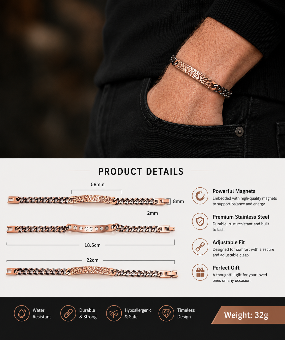 Wollet Vintage Hammered Copper Magnetic Bracelet for Men Adjustable Chain Therapy Wristband you