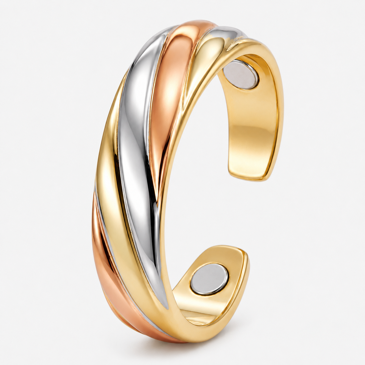 WOLLET Tri-Color Magnetic Bracelet – Luxury Open Cuff Jewelry with Gold, Silver &amp; Rose Gold Design