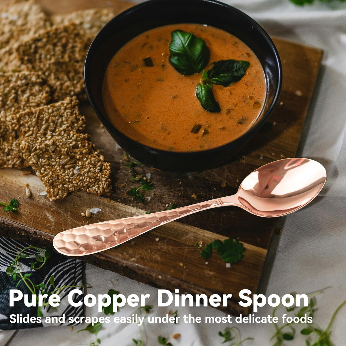 Wollet Solid 99.9% Pure Copper Utensils Flatware, Hand Hammered Spoon and Fork, Set of 4