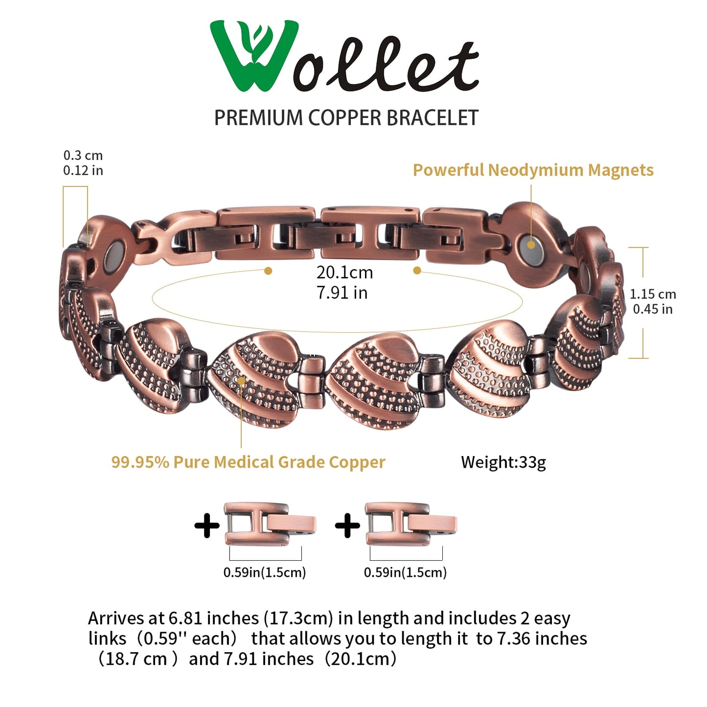 Wollet Magnetic Heart Solid Copper Bracelet for Women