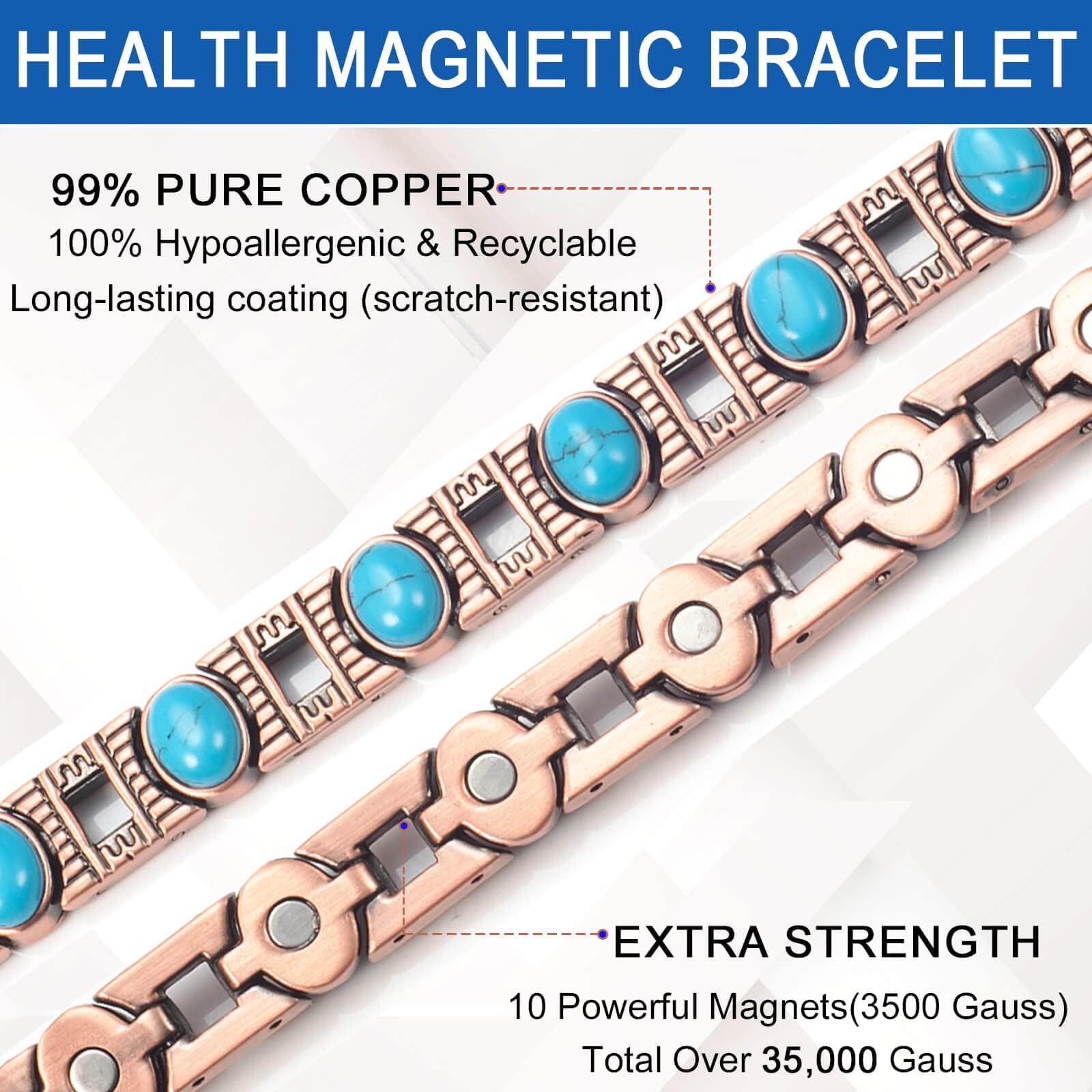 Wollet Copper Magnetic Bracelets for Women, Blue Turquoise Bracelets