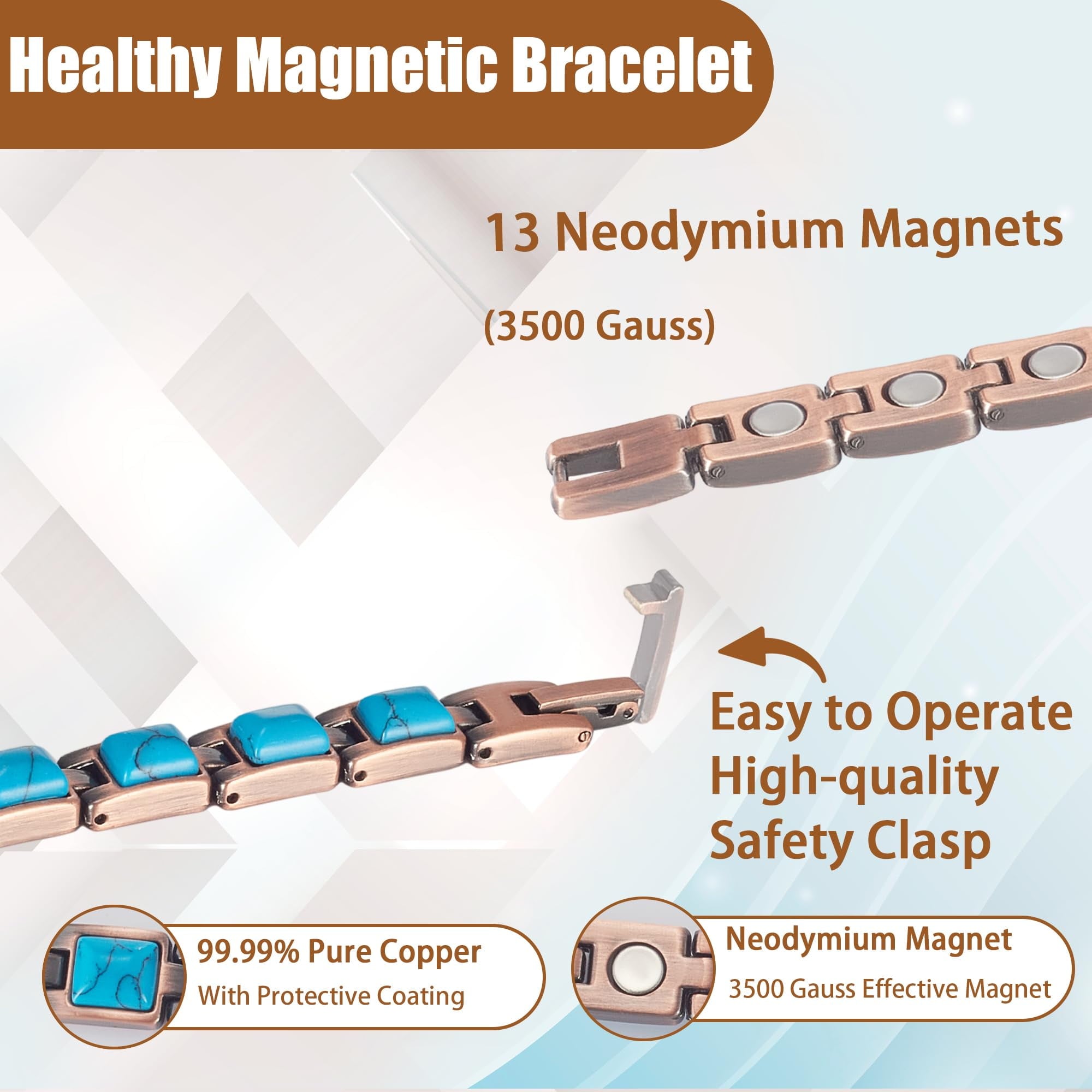 Wollet Pure Copper Bracelets for Women, Blue Turquoise Bracelets
