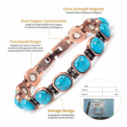 Wollet Magnetic Pure Copper Bracelet for Women, Blue Turquoise Stone