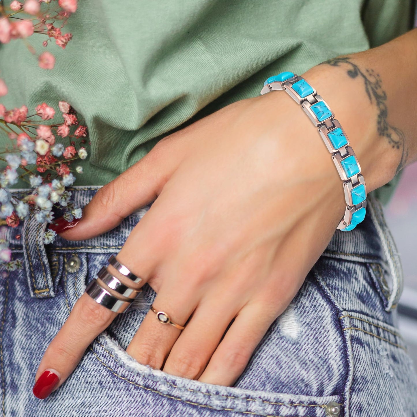 Wollet Pure Copper Bracelets for Women, Blue Turquoise Bracelets