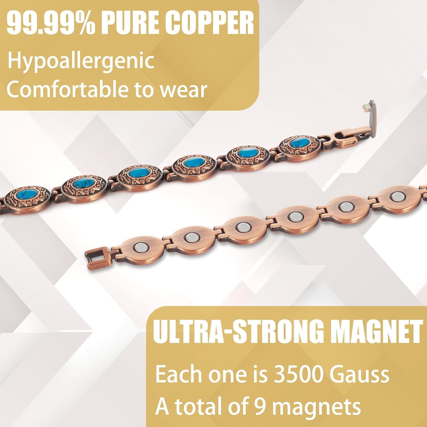 Wollet Magnetic  Pure Copper Bracelet for Women, Blue Turquoise Stone