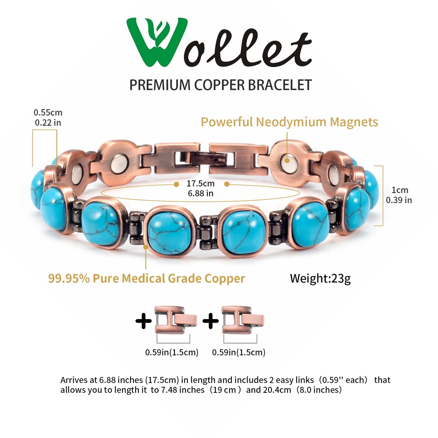 Wollet Magnetic Pure Copper Bracelet for Women, Blue Turquoise Stone