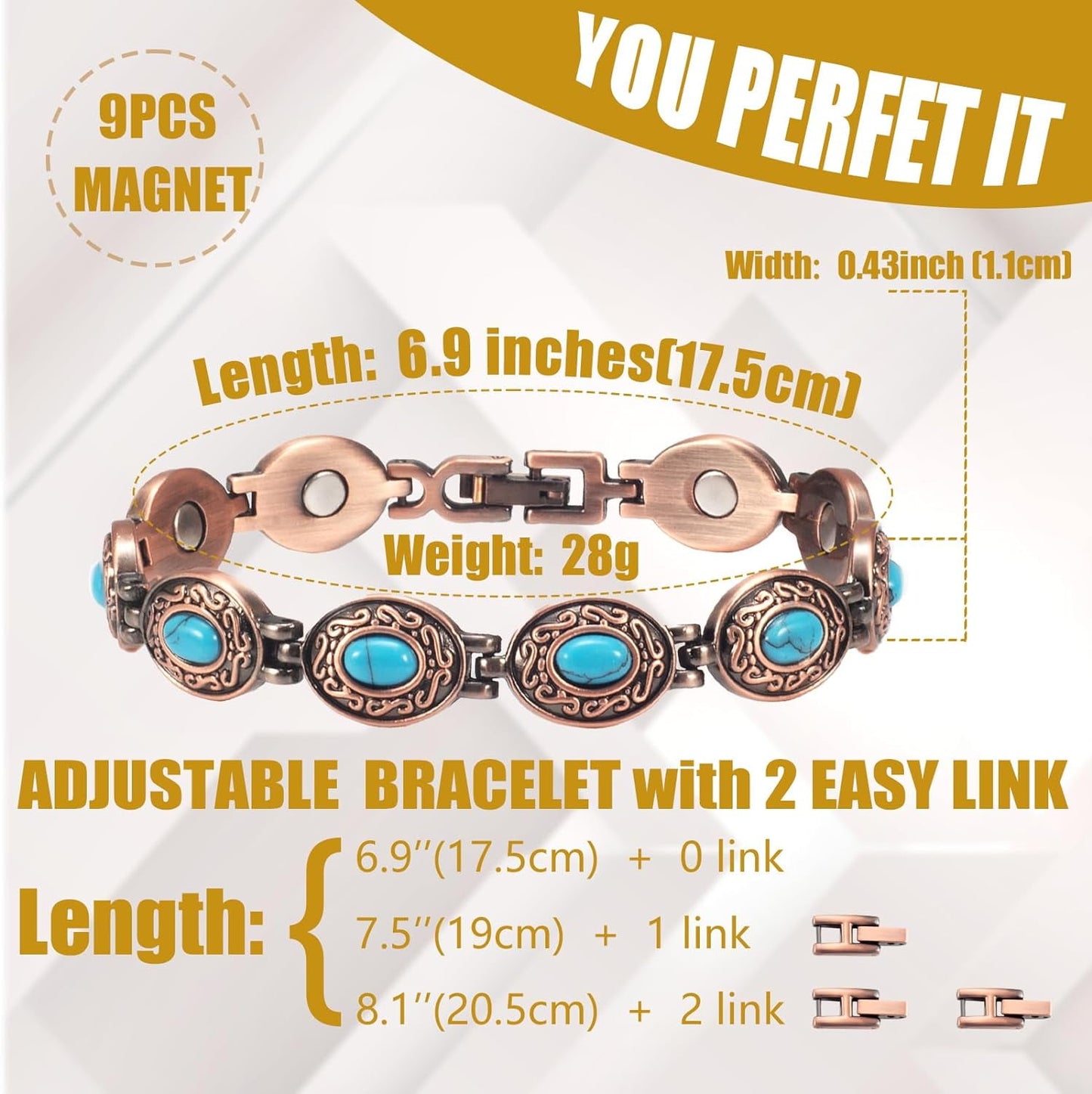 Wollet Magnetic  Pure Copper Bracelet for Women, Blue Turquoise Stone