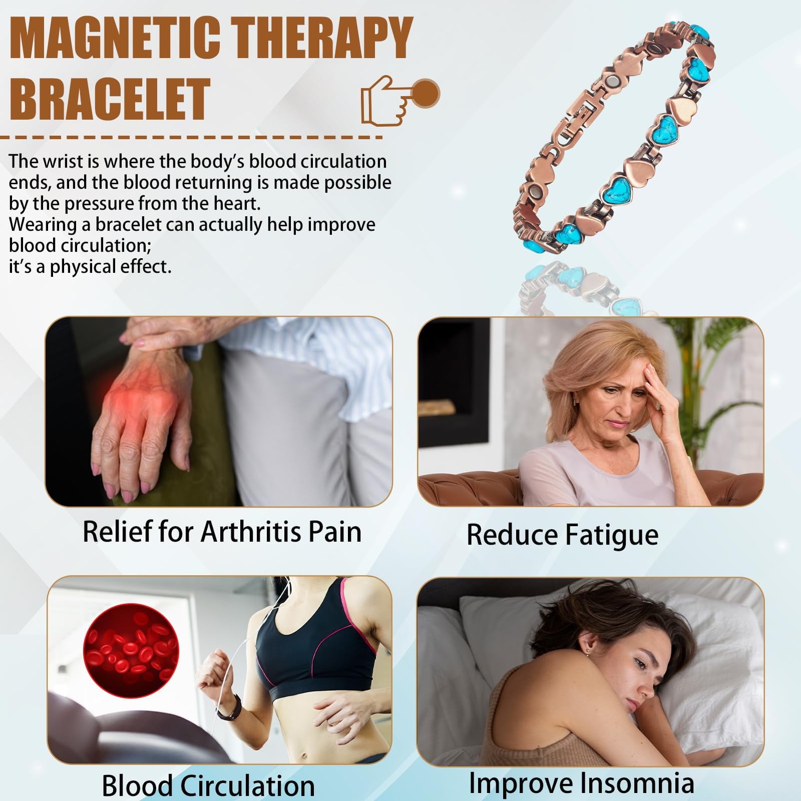 Wollet Magnetic  Pure Copper Bracelet for Women, Turquoise Stone