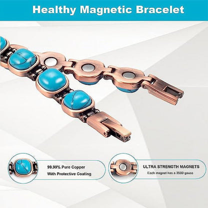 Wollet Magnetic Pure Copper Bracelet for Women, Blue Turquoise Stone