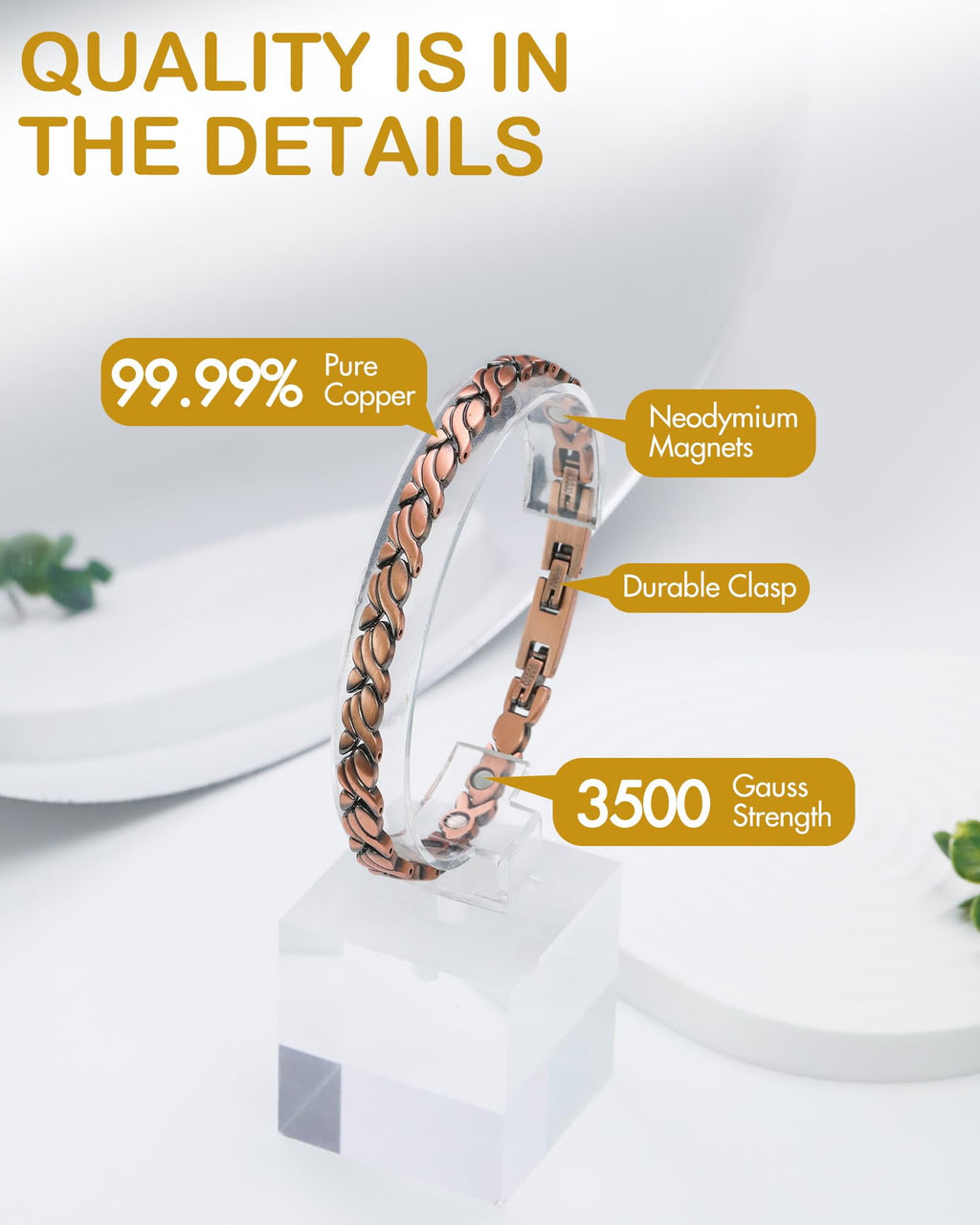 Wollet Magnetic Therapy Copper Bracelet with 3500 Gauss Magnets