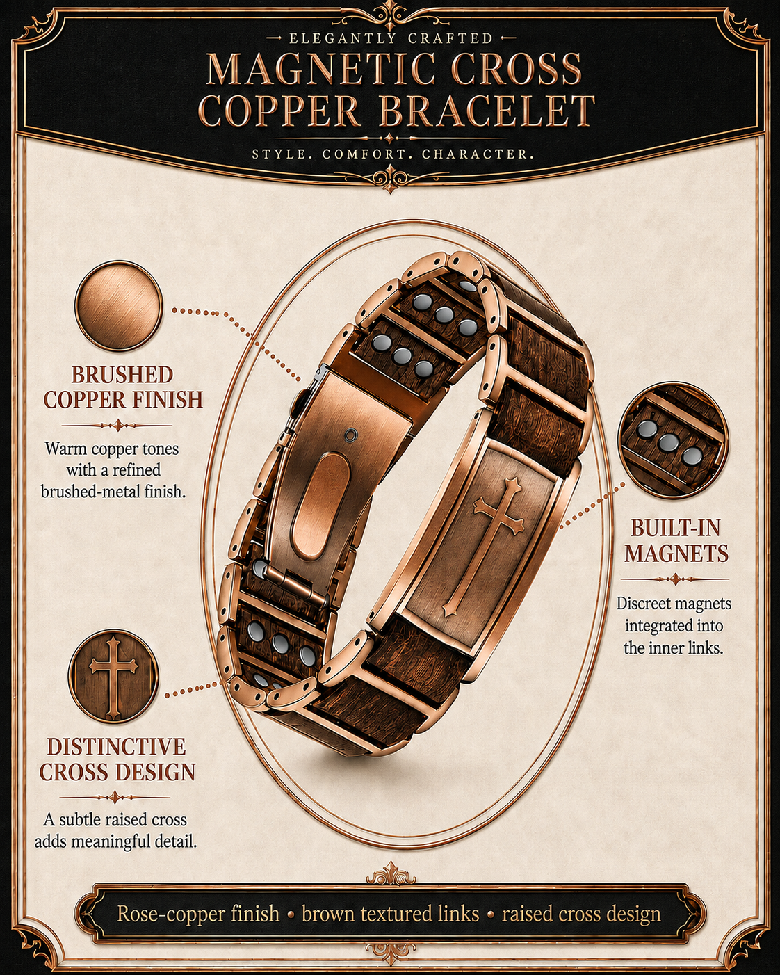 Wollet Rose Gold Magnetic Cross Bracelet