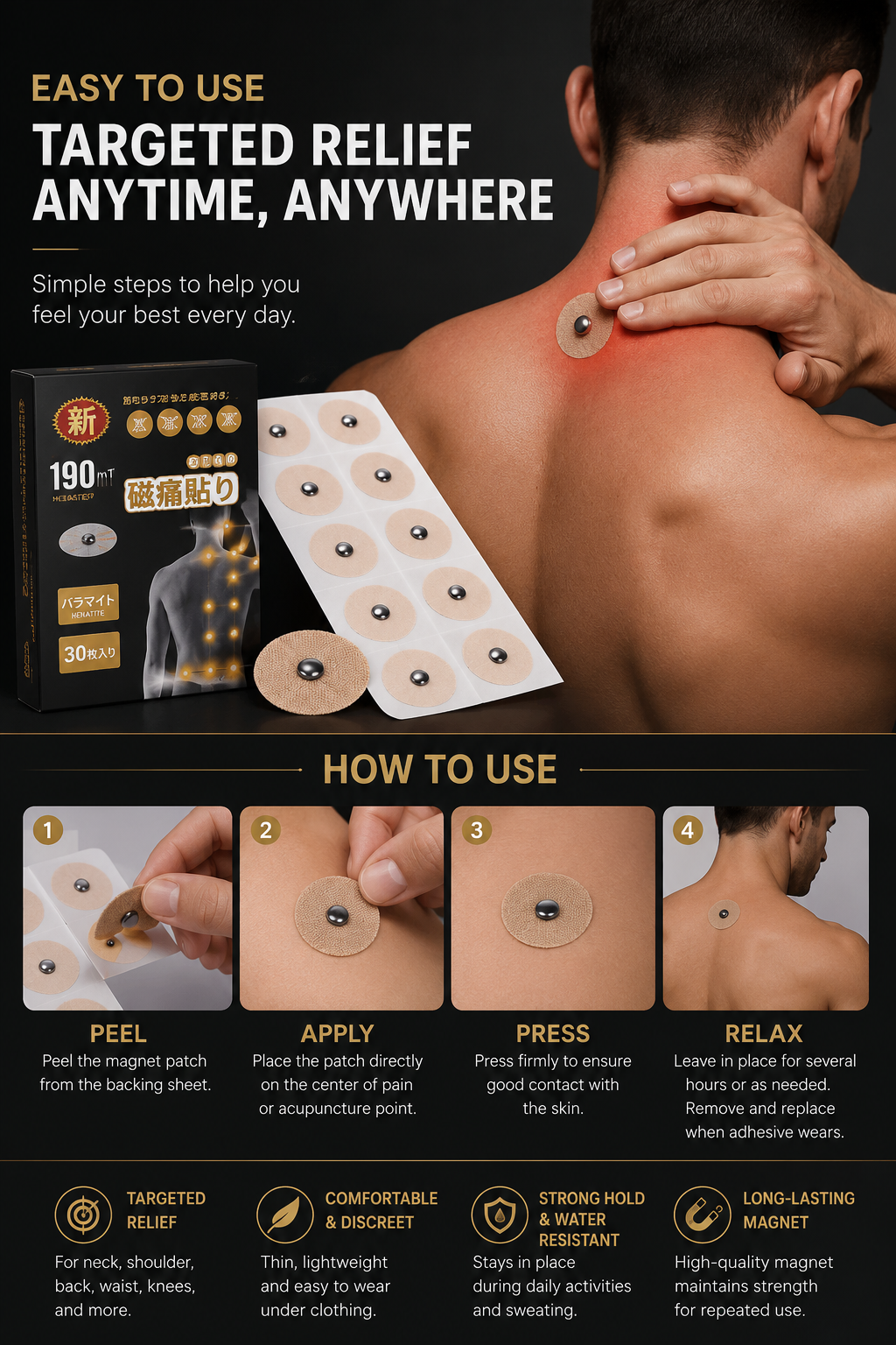 WOLLET Magnetic Acupressure Patches – 800 Gauss Hematite Magnets Kit