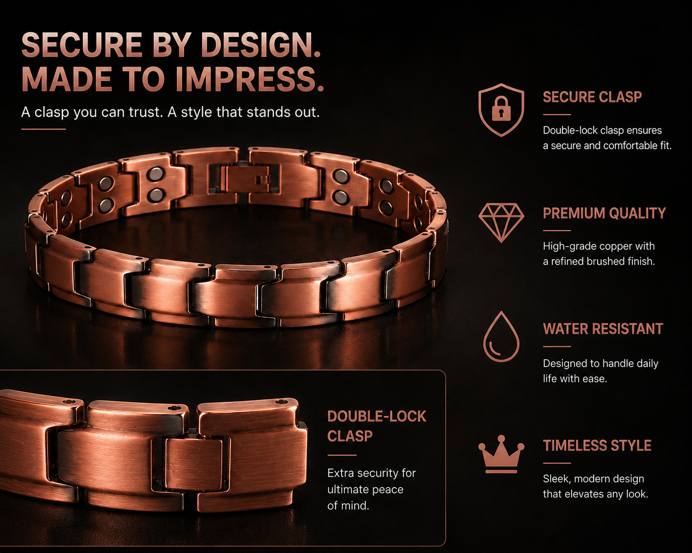 Wollet Men’s 99.95% Pure Copper Magnetic Bracelet
