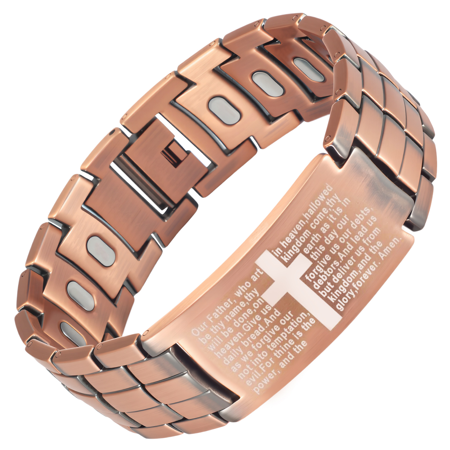 Wollet Cross Copper Magnetic Bracelet for Men – 99.9% Pure Copper, 48 Neodymium Bar Magnets, Faith Scripture Engraving