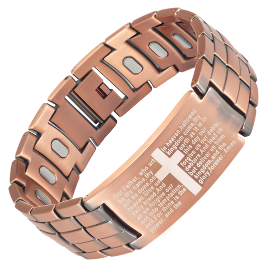 Wollet Cross Copper Magnetic Bracelet for Men – 99.9% Pure Copper, 48 Neodymium Bar Magnets, Faith Scripture Engraving