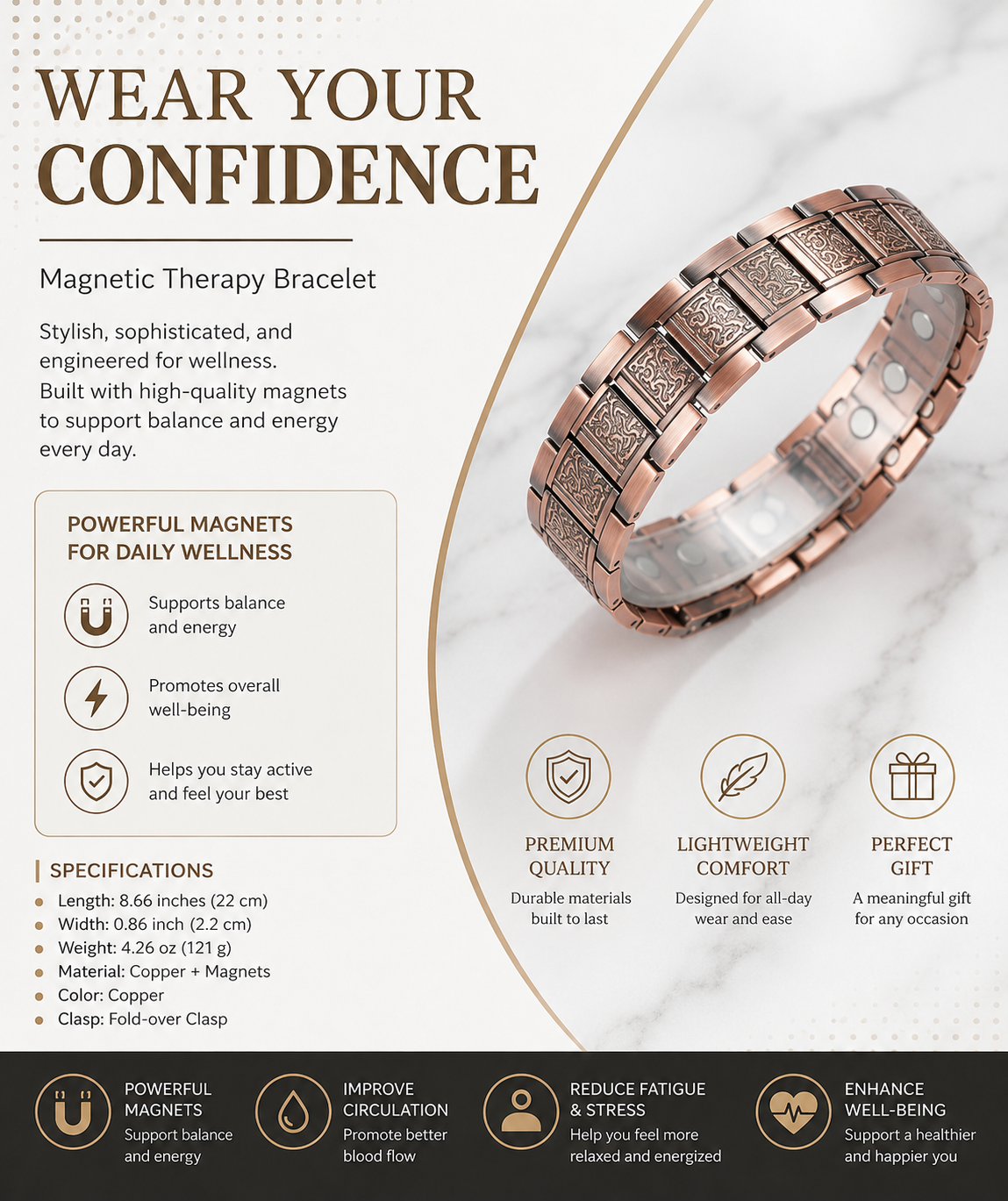 Wollet Bracelet for Men, 3X Strength Magnetic Therapy Bracelet with Powerful 3800 Gauss Magnets,Copper Cooper Jewelry