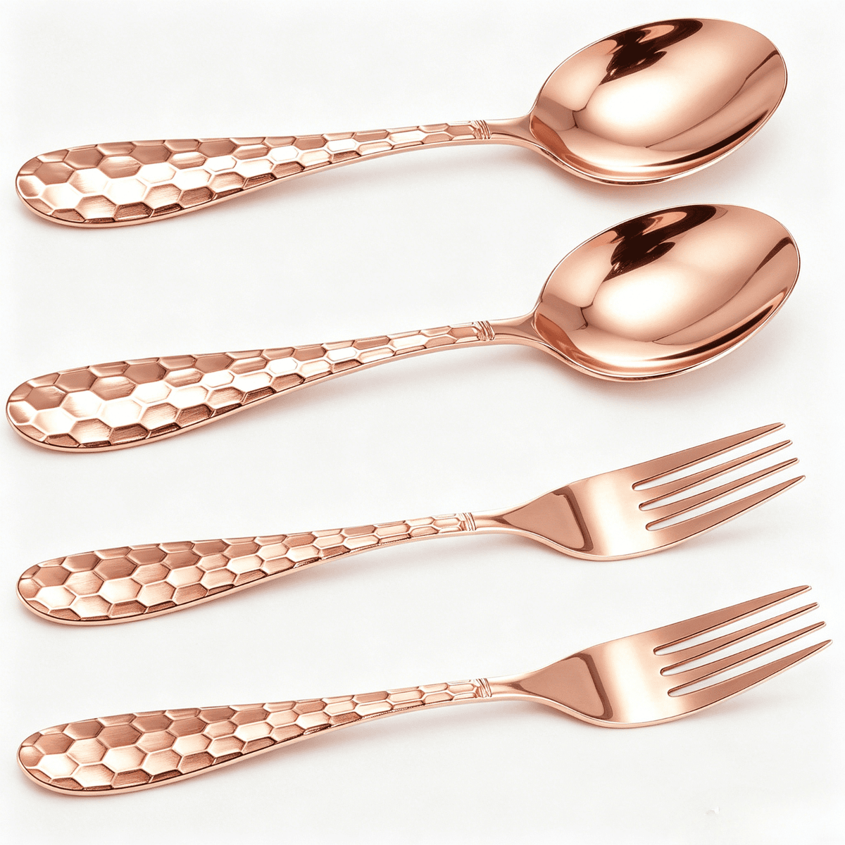 Wollet Solid 99.9% Pure Copper Utensils Flatware, Hand Hammered Spoon and Fork, Set of 4