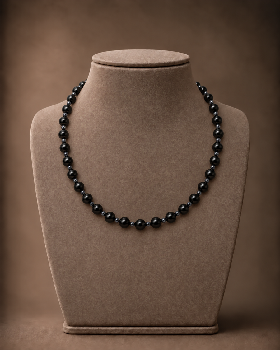 WOLLET Hematite & Black Onyx Beaded Necklace (Classic Round Beads)