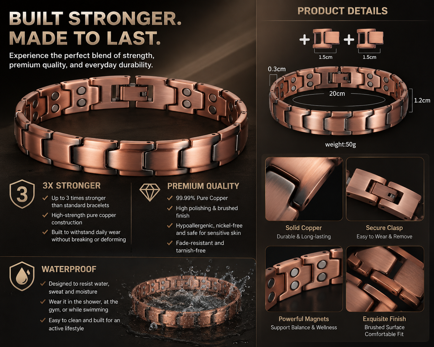 Wollet Men’s 99.95% Pure Copper Magnetic Bracelet