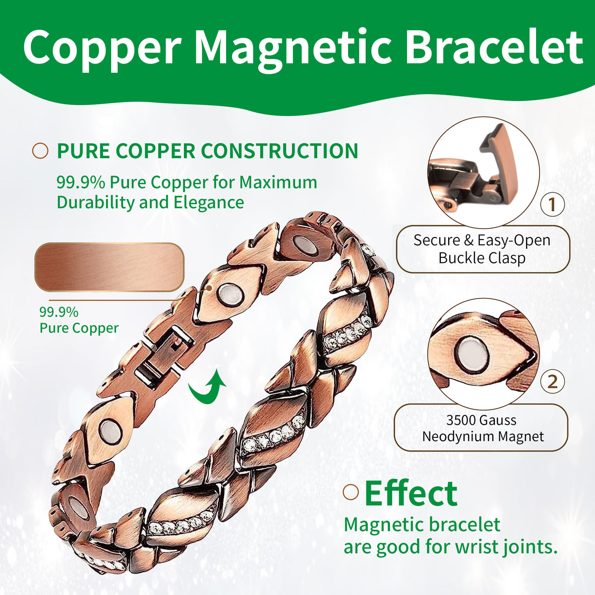 Rose Gold Magnetic Bracelet for Women – Crystal Leaf Link Design