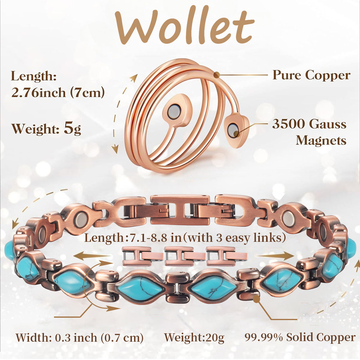 Wollet Magnetic Pure Copper Bracelets for Women, Turquoise Bracelets