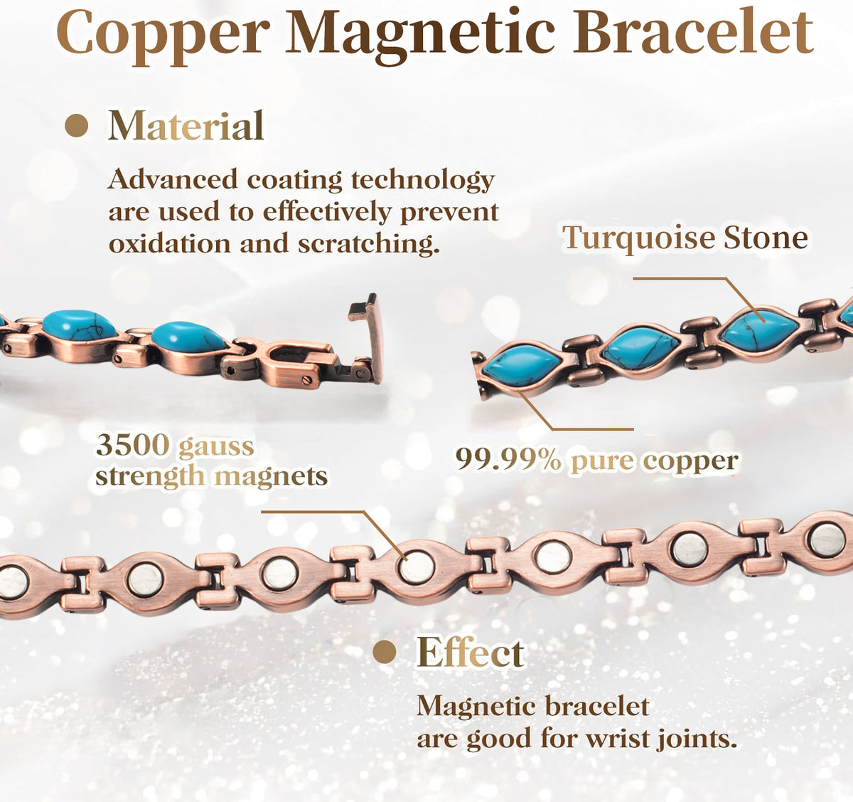 Wollet Magnetic Pure Copper Bracelets for Women, Turquoise Bracelets