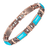 Magnetic Link Bracelet for Women, Rectangular Turquoise Blue Inlays, Antique Copper-Tone Finish
