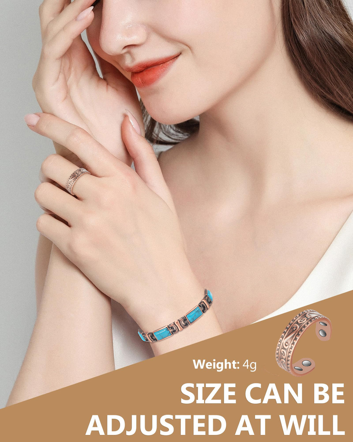 Magnetic Link Bracelet for Women, Rectangular Turquoise Blue Inlays, Antique Copper-Tone Finish