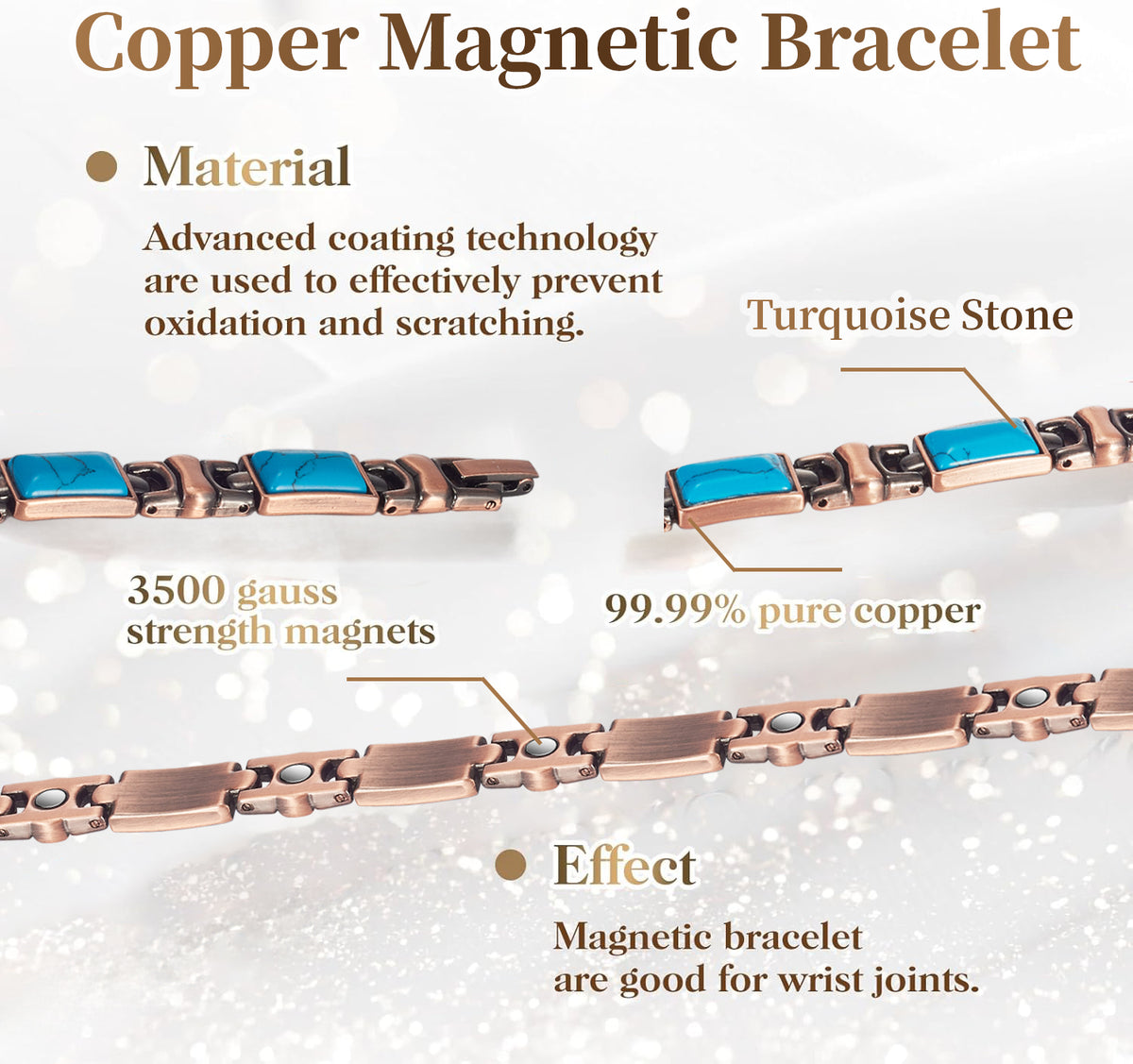 Magnetic Link Bracelet for Women, Rectangular Turquoise Blue Inlays, Antique Copper-Tone Finish