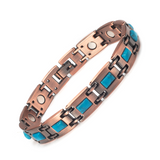 Magnetic Link Bracelet for Women, Turquoise Blue Inlay, Antique Copper-Tone Geometric Design