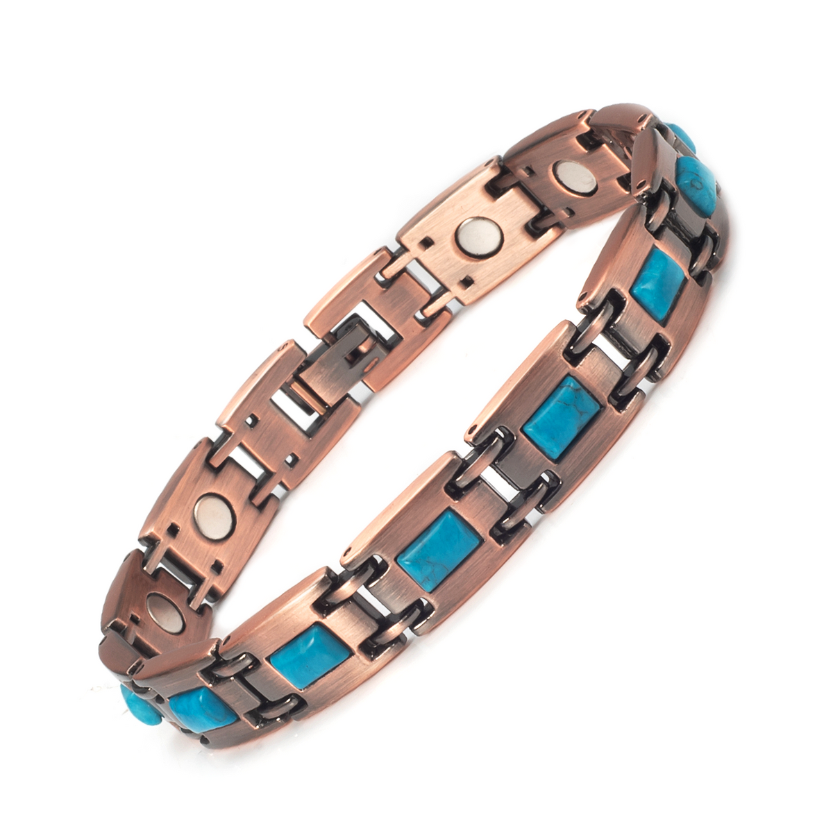 Magnetic Link Bracelet for Women, Turquoise Blue Inlay, Antique Copper-Tone Geometric Design