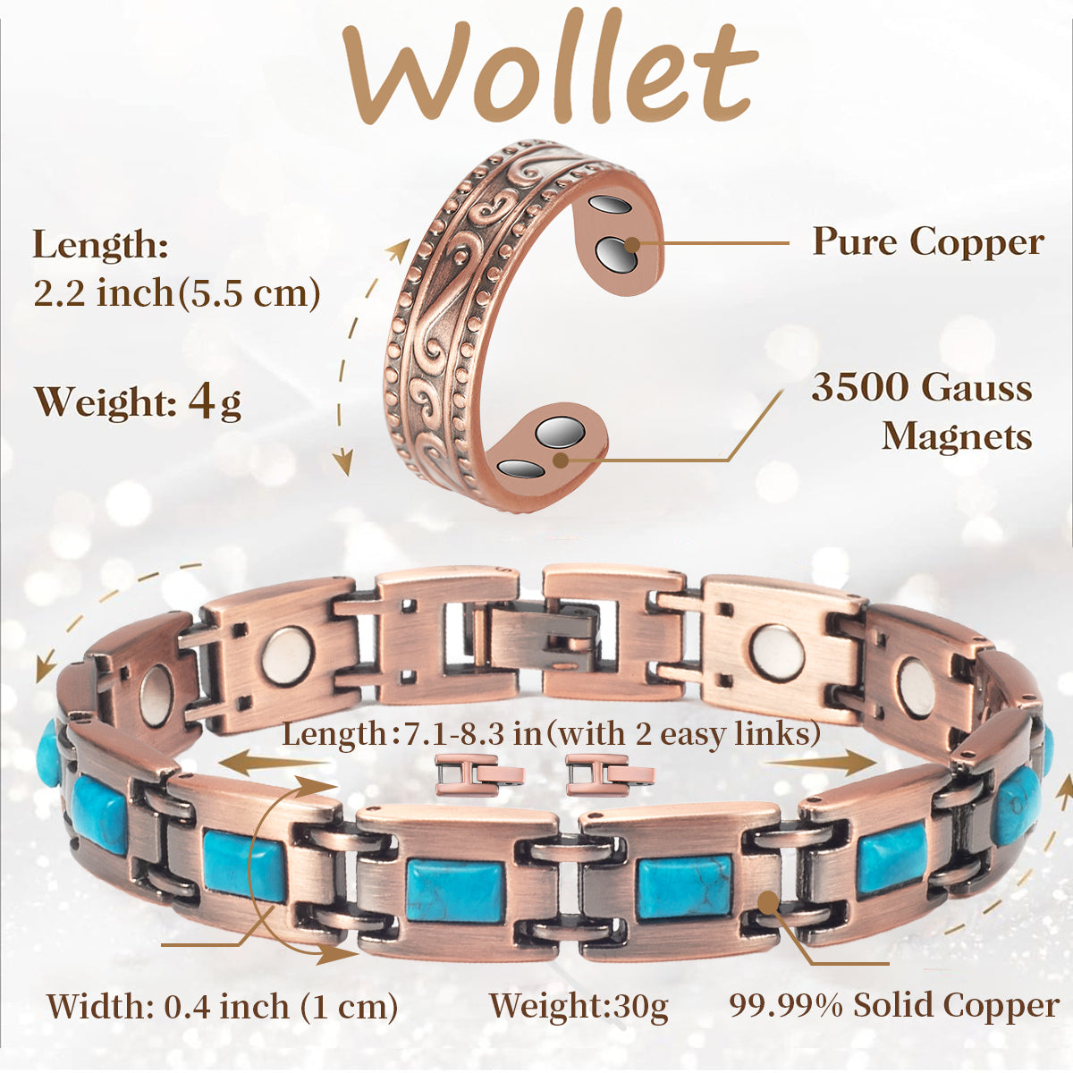 Magnetic Link Bracelet for Women, Turquoise Blue Inlay, Antique Copper-Tone Geometric Design