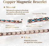Magnetic Link Bracelet for Women, Turquoise Blue Inlay, Antique Copper-Tone Geometric Design