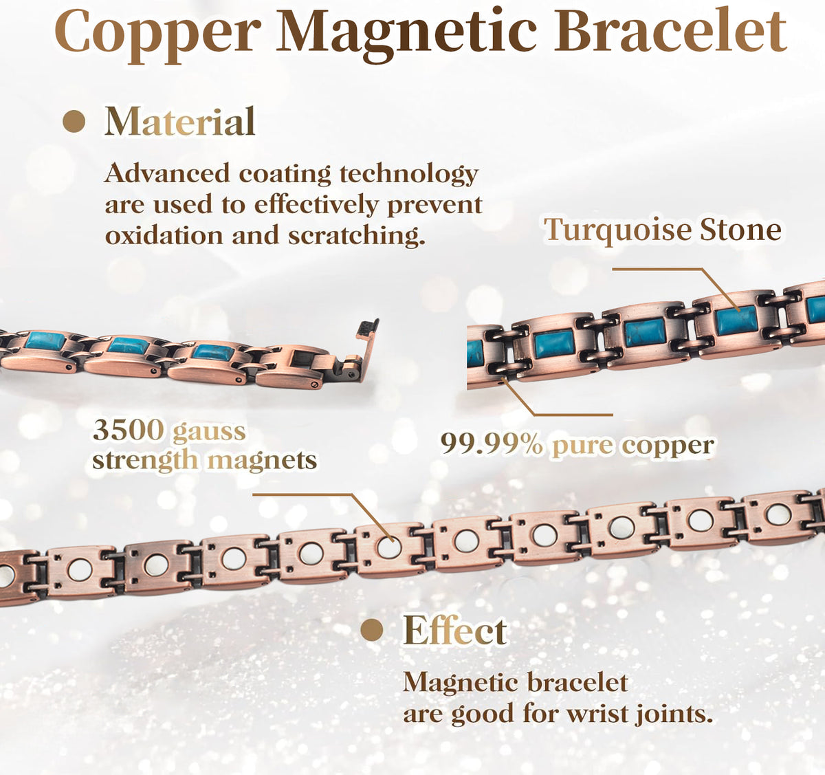 Magnetic Link Bracelet for Women, Turquoise Blue Inlay, Antique Copper-Tone Geometric Design