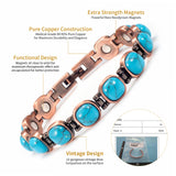 Magnetic Link Bracelet for Women, Round Turquoise Blue Inlays, Vintage Copper-Tone Design