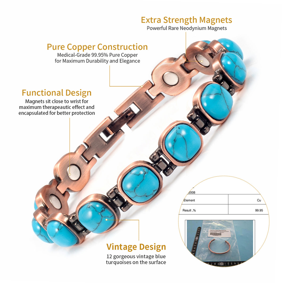 Magnetic Link Bracelet for Women, Round Turquoise Blue Inlays, Vintage Copper-Tone Design