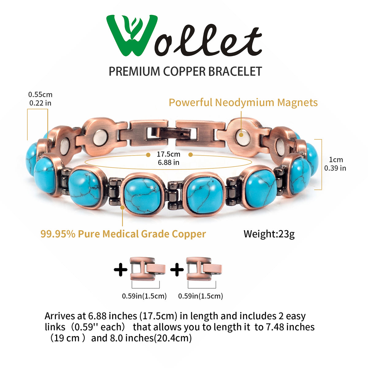 Magnetic Link Bracelet for Women, Round Turquoise Blue Inlays, Vintage Copper-Tone Design