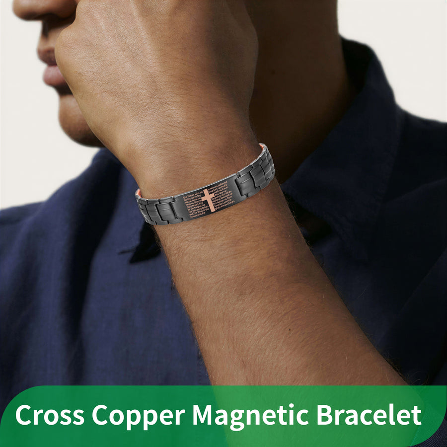 Wollet Copper Cross Magnetic Bracelet for Men, Adjustable Black Copper Jewelry, Gift for Dad,Husband
