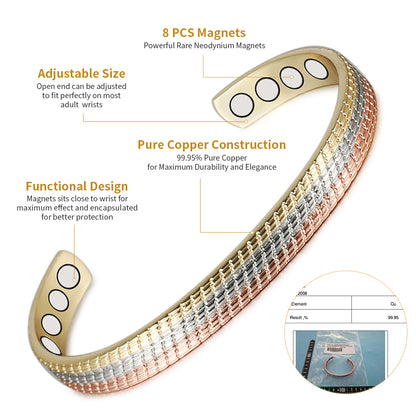 Metaljc Magnetic Copper Cuff Bracelet for Women, Three-Color Gold