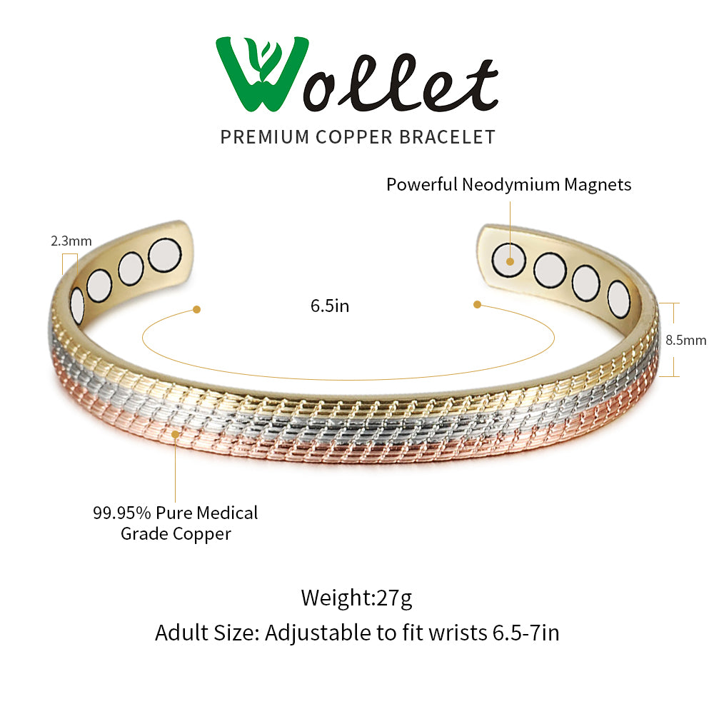 Metaljc Magnetic Copper Cuff Bracelet for Women, Three-Color Gold