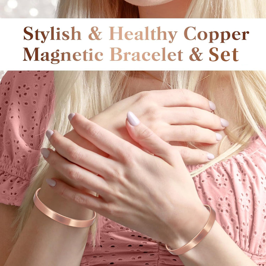 Wollet 99.9% Pure Copper Magnetic Bracelets with 3500 Gauss Magnets, Adjustable Cuff Jewelry, Set of 2