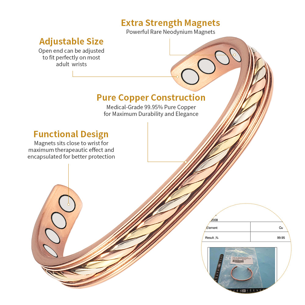 Magnetic Cuff Bracelet for Women, Tri-Tone Twisted Rope Design, Open Cuff Bangle