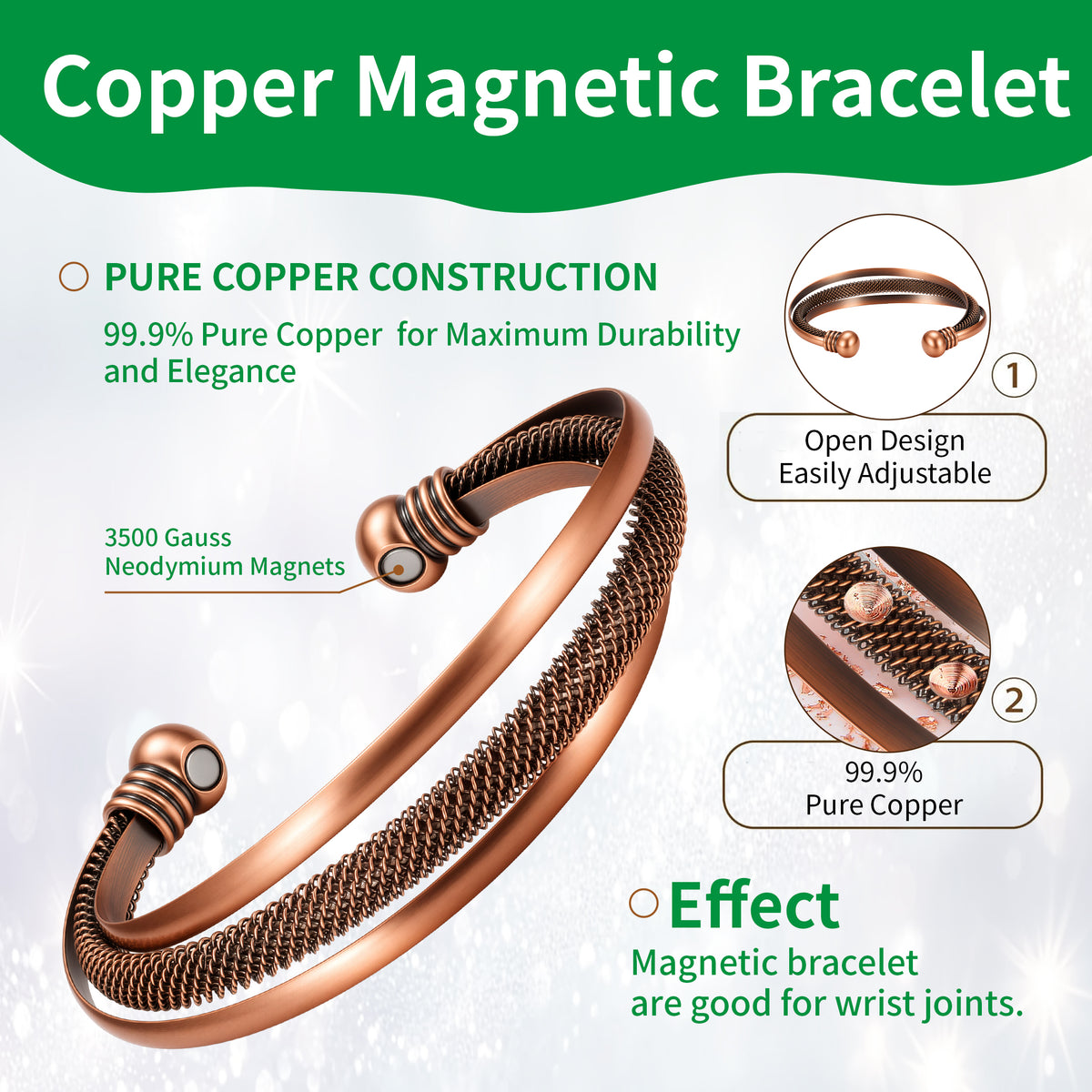 WOLLET Vintage Magnetic Copper Jewelry Bracelet Set of 2