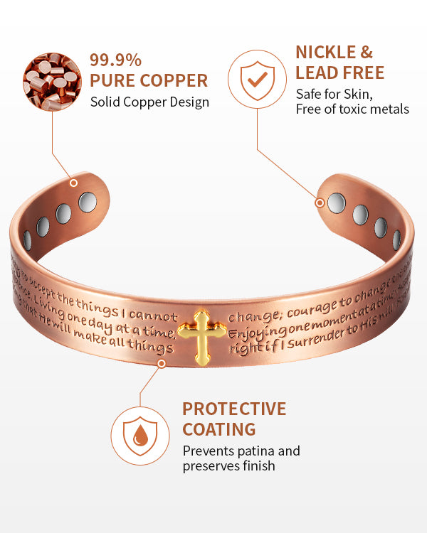 WOLLET 99.95% Pure Copper Magnetic Bracelet for Men – Inspirational Engraved Copper Cuff Bracelet with Adjustable Fit