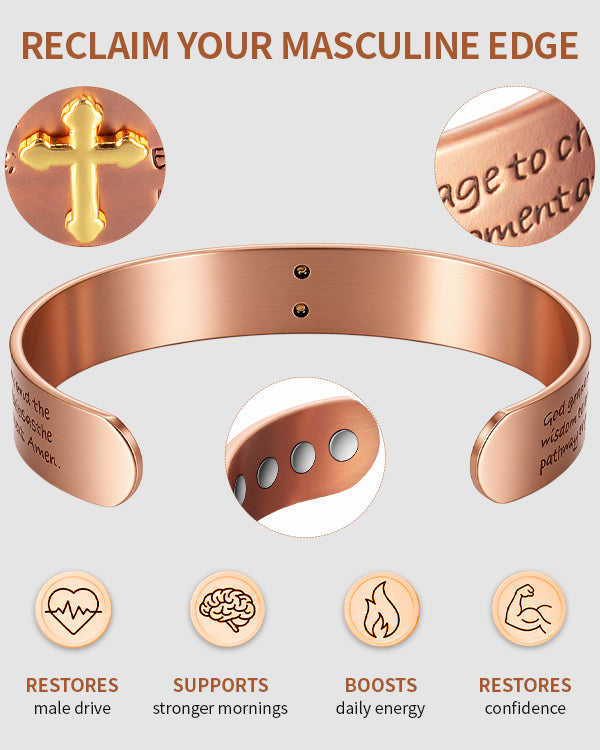 WOLLET 99.95% Pure Copper Magnetic Bracelet for Men – Inspirational Engraved Copper Cuff Bracelet with Adjustable Fit