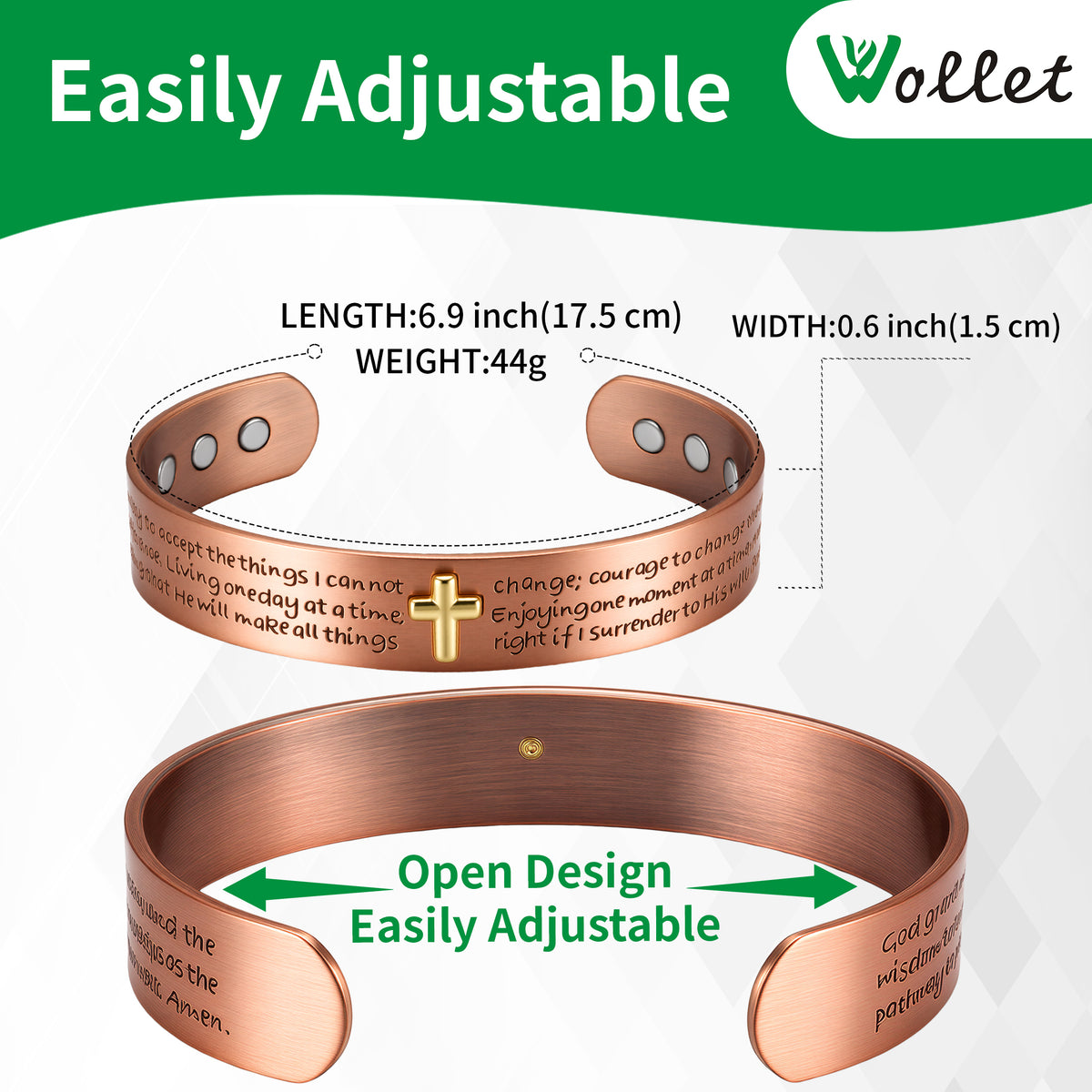 Wollet  Copper Magnetic Cross Bracelet – Engraved Open Cuff