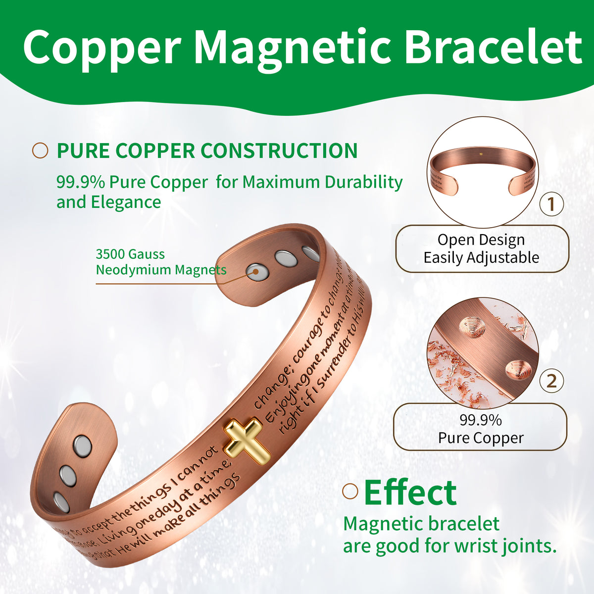 Wollet  Copper Magnetic Cross Bracelet – Engraved Open Cuff